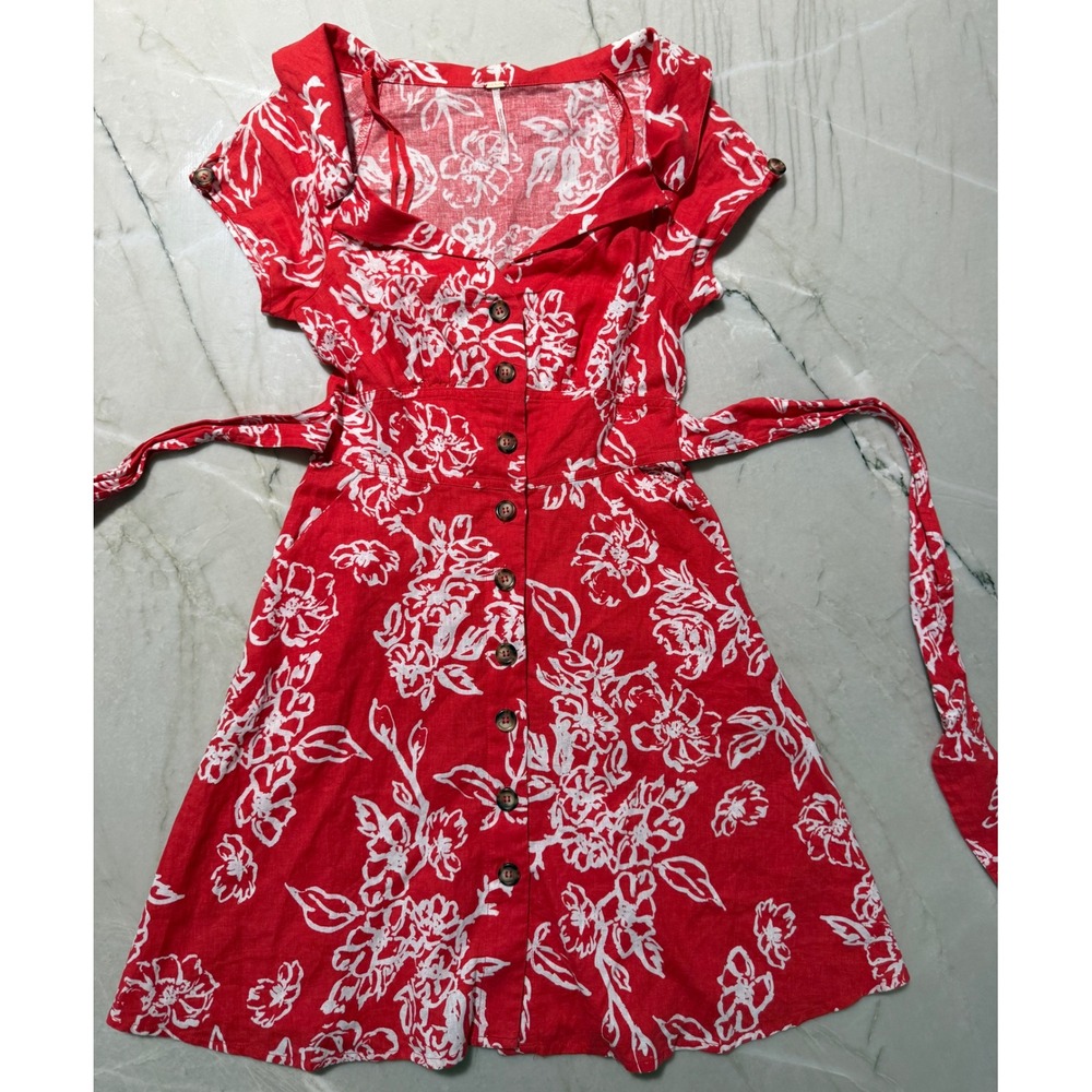 Free People Red White Floral Linen Blend Button Front Tie Waist Mini Dress 0 #56